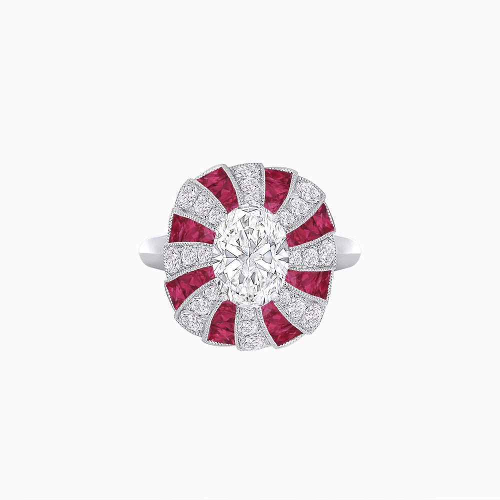 Art Deco Inspired Oval Sunburst Cocktail Ring with Calibré-Cut Gemstones - Shahin Jewelry
