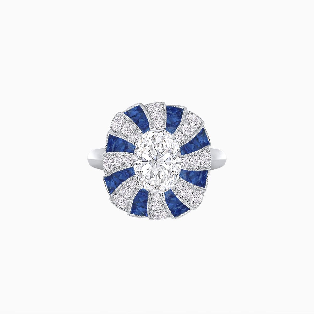 Art Deco Inspired Oval Sunburst Cocktail Ring with Calibré-Cut Gemstones - Shahin Jewelry