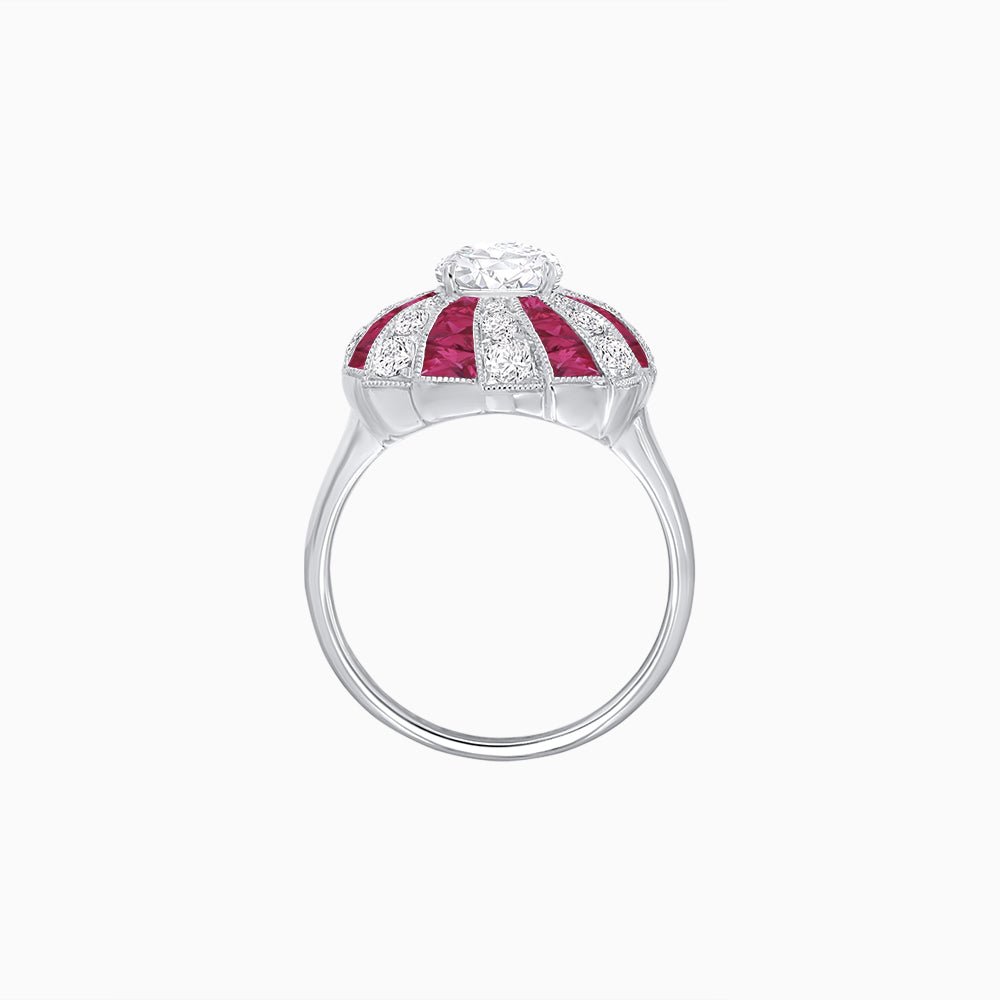 Art Deco Inspired Oval Sunburst Cocktail Ring with Calibré-Cut Gemstones - Shahin Jewelry