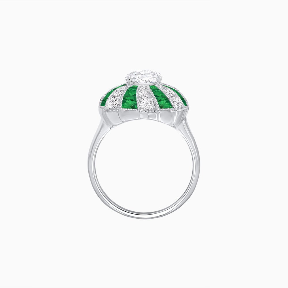 Art Deco Inspired Oval Sunburst Cocktail Ring with Calibré-Cut Gemstones - Shahin Jewelry