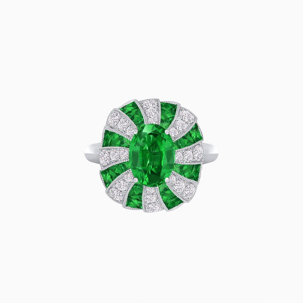 Art Deco Inspired Oval Sunburst Cocktail Ring with Calibré-Cut Gemstones - Shahin Jewelry