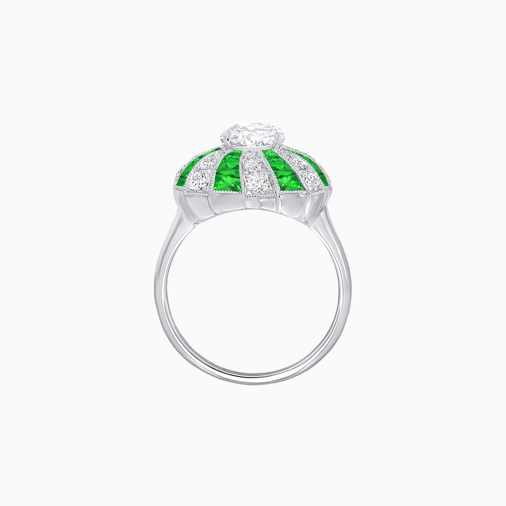 Art Deco Inspired Oval Sunburst Cocktail Ring with Calibré-Cut Gemstones - Shahin Jewelry