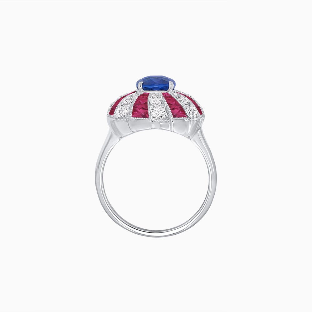 Art Deco Inspired Oval Sunburst Cocktail Ring with Calibré-Cut Gemstones - Shahin Jewelry