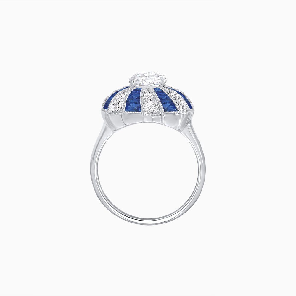 Art Deco Inspired Oval Sunburst Cocktail Ring with Calibré-Cut Gemstones - Shahin Jewelry