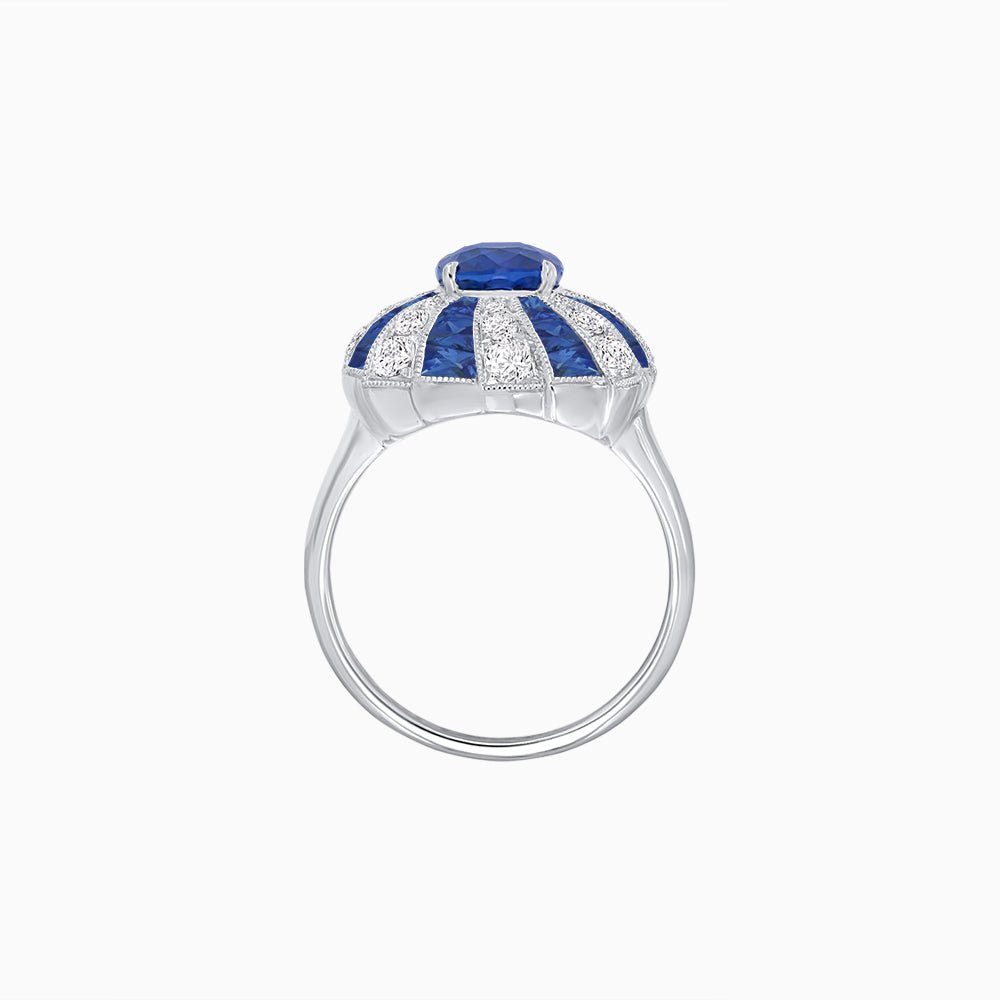 Art Deco Inspired Oval Sunburst Cocktail Ring with Calibré-Cut Gemstones - Shahin Jewelry