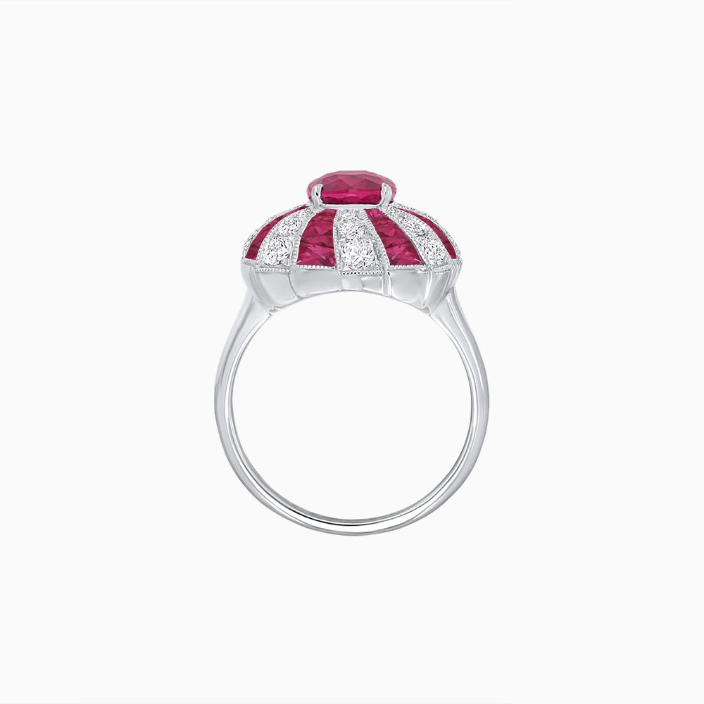 Art Deco Inspired Oval Sunburst Cocktail Ring with Calibré-Cut Gemstones - Shahin Jewelry