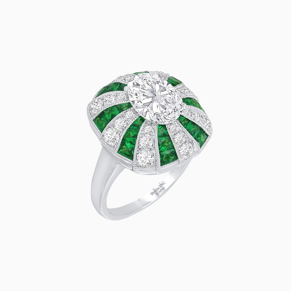 Art Deco Inspired Oval Sunburst Cocktail Ring with Calibré-Cut Gemstones - Shahin Jewelry