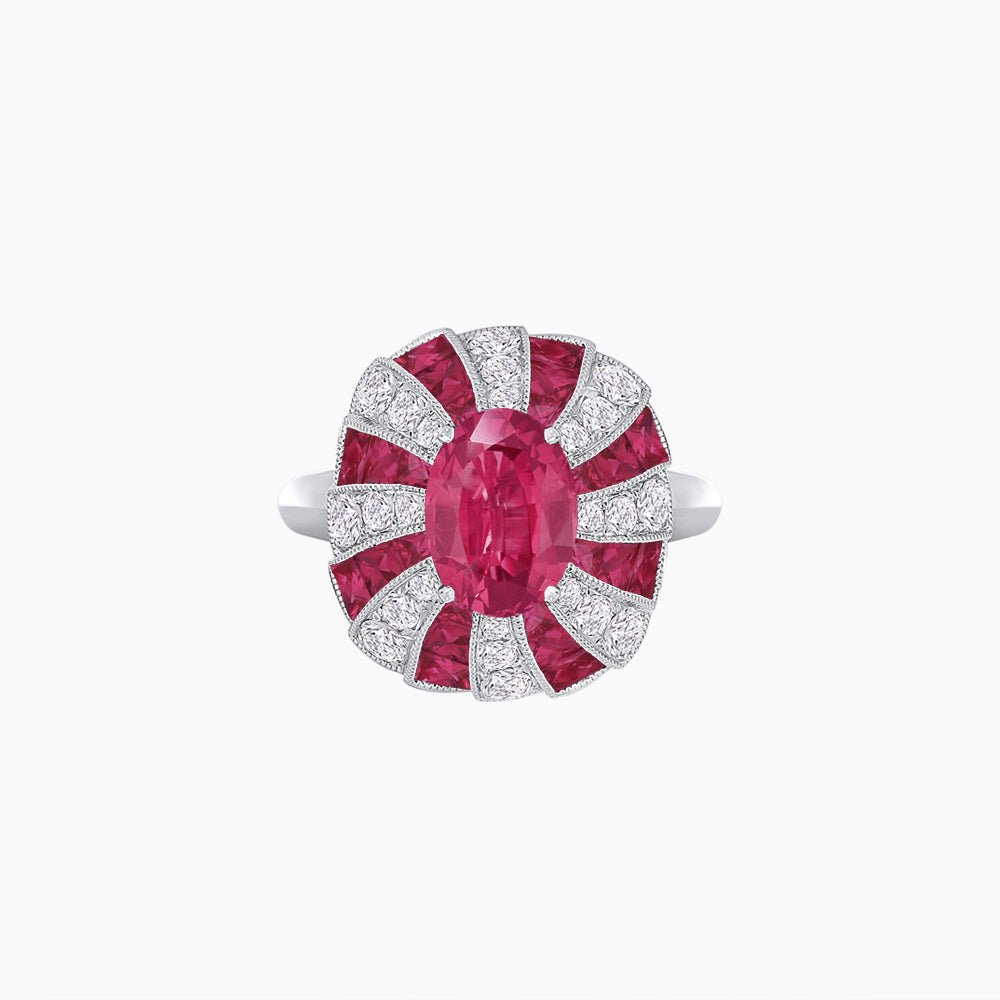 Art Deco Inspired Oval Sunburst Cocktail Ring with Calibré-Cut Gemstones - Shahin Jewelry