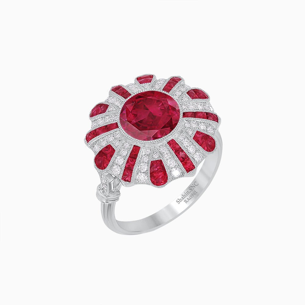 Art Deco-Inspired Peacock Diamond Ring Custom Center Stone | Fan Motif Halo | Hand-Applied Milgrain - Shahin Jewelry
