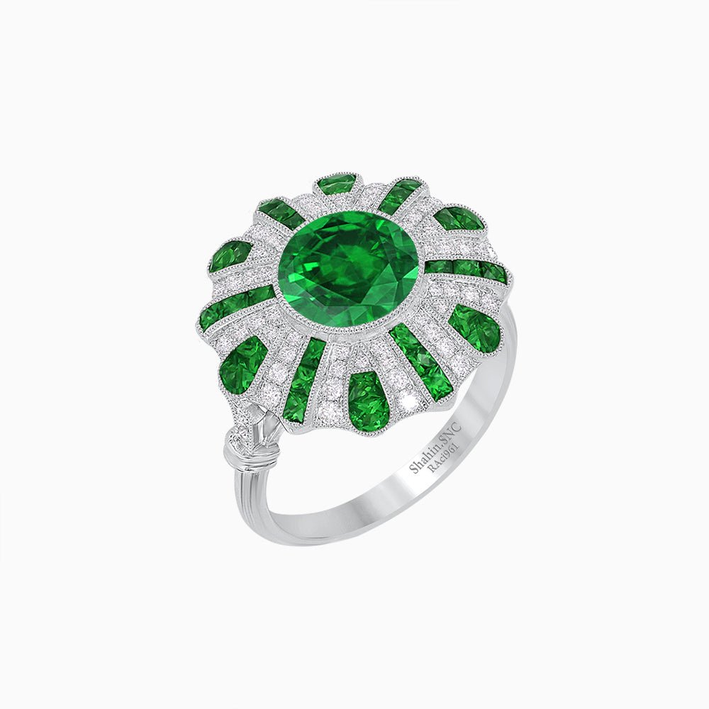 Art Deco-Inspired Peacock Diamond Ring Custom Center Stone | Fan Motif Halo | Hand-Applied Milgrain - Shahin Jewelry