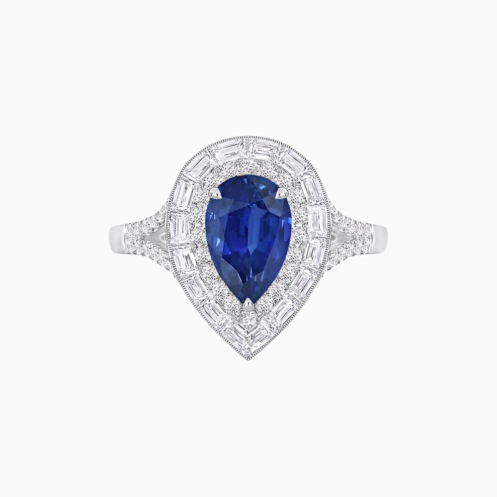 Art Deco Inspired Pear Cut Double Halo Ring with Baguette Diamonds - Shahin Jewelry