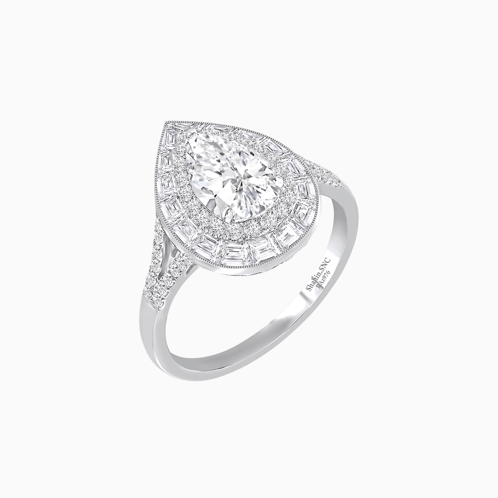 Art Deco Inspired Pear Cut Double Halo Ring with Baguette Diamonds - Shahin Jewelry