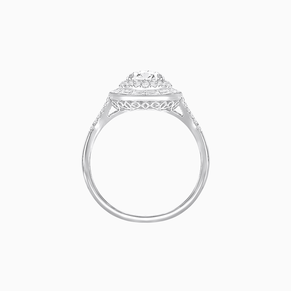 Art Deco Inspired Pear Cut Double Halo Ring with Baguette Diamonds - Shahin Jewelry