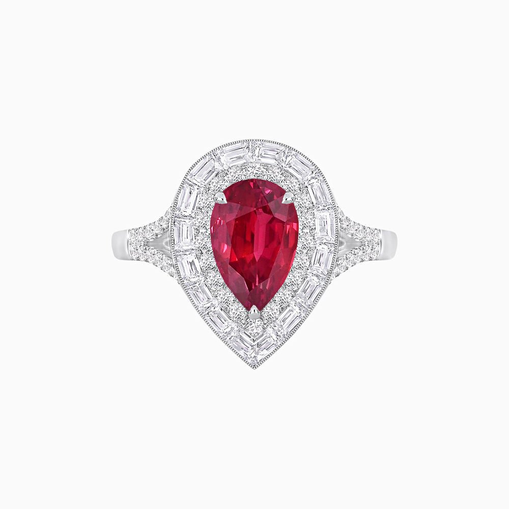 Art Deco Inspired Pear Cut Double Halo Ring with Baguette Diamonds - Shahin Jewelry