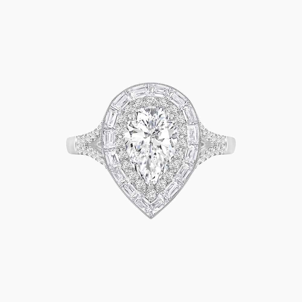 Art Deco Inspired Pear Cut Double Halo Ring with Baguette Diamonds - Shahin Jewelry