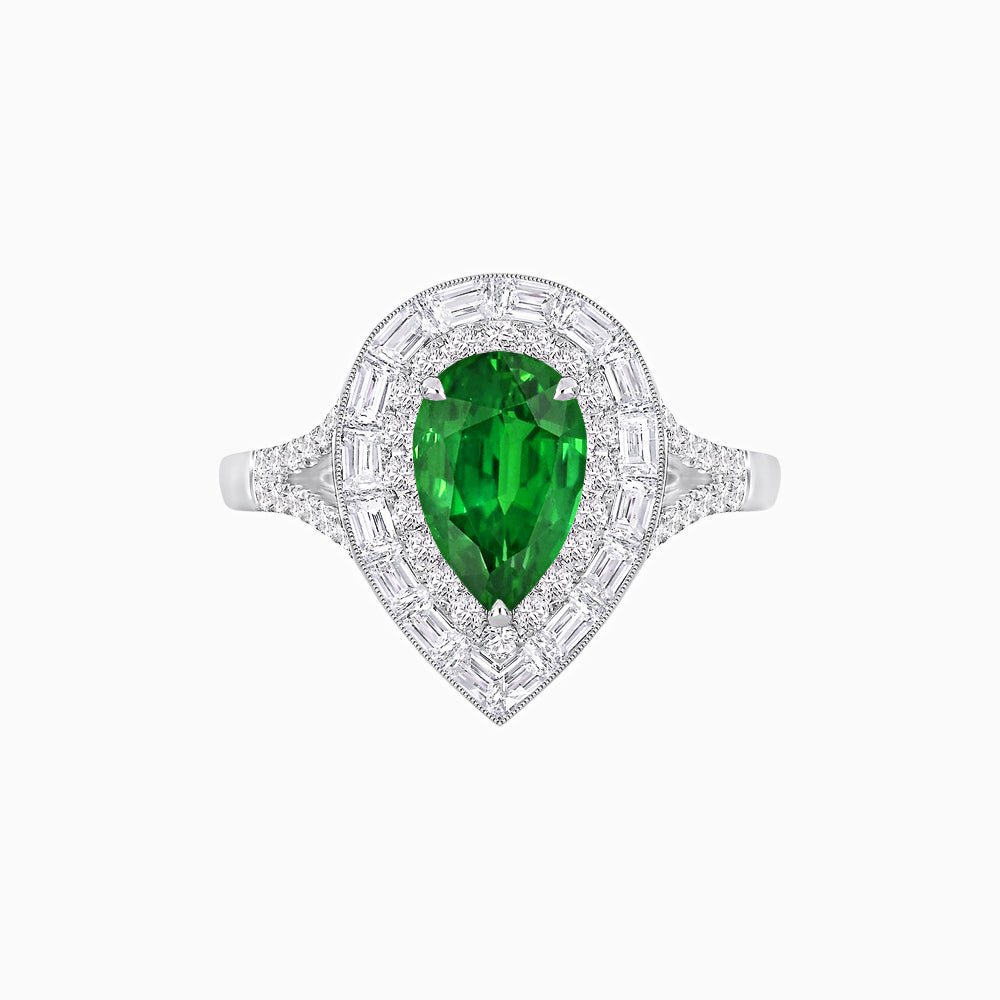 Art Deco Inspired Pear Cut Double Halo Ring with Baguette Diamonds - Shahin Jewelry