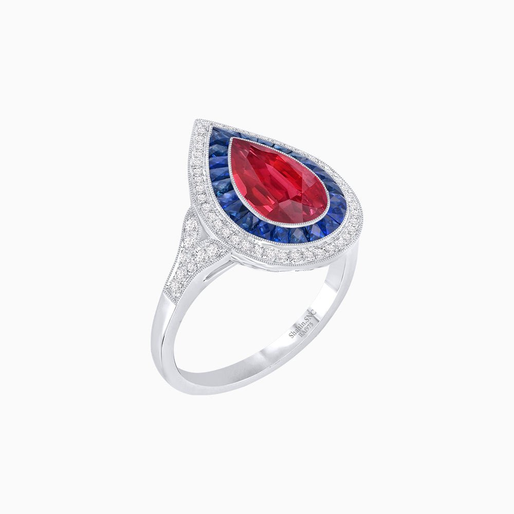 Art Deco Inspired Pear Cut Gemstone Double Halo Ring - Shahin Jewelry