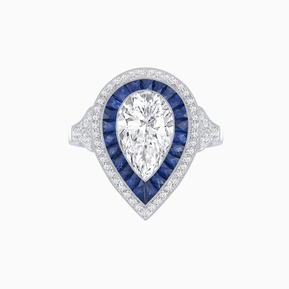 Art Deco Inspired Pear Cut Gemstone Double Halo Ring - Shahin Jewelry