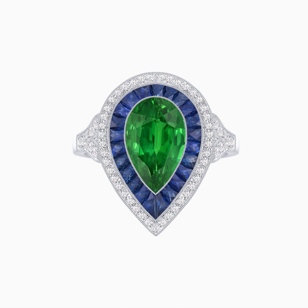 Art Deco Inspired Pear Cut Gemstone Double Halo Ring - Shahin Jewelry