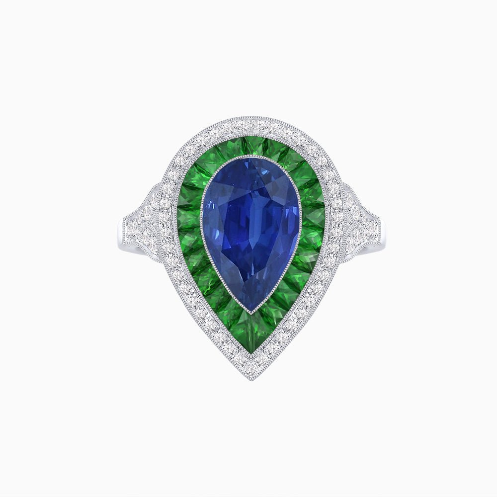 Art Deco Inspired Pear Cut Gemstone Double Halo Ring - Shahin Jewelry