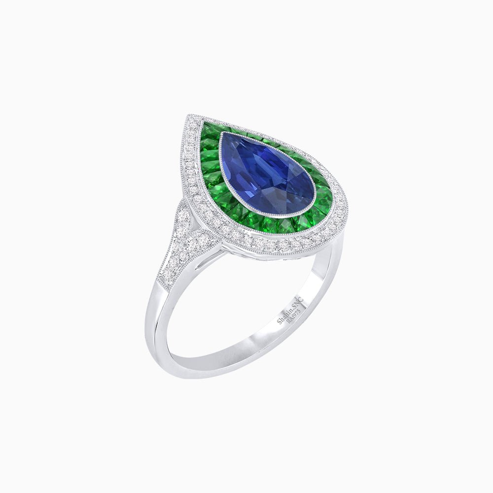 Art Deco Inspired Pear Cut Gemstone Double Halo Ring - Shahin Jewelry