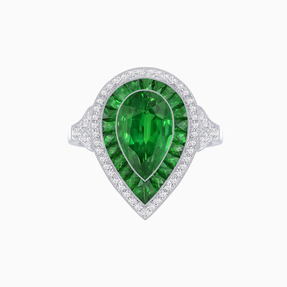 Art Deco Inspired Pear Cut Gemstone Double Halo Ring - Shahin Jewelry