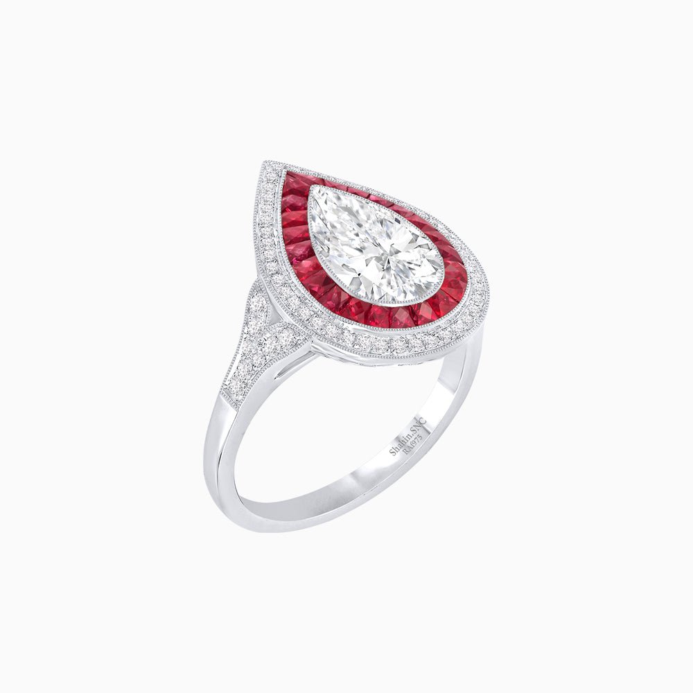 Art Deco Inspired Pear Cut Gemstone Double Halo Ring - Shahin Jewelry