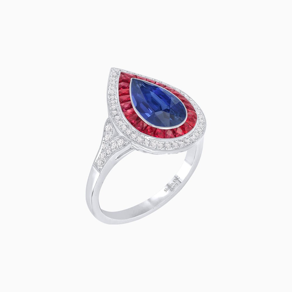 Art Deco Inspired Pear Cut Gemstone Double Halo Ring - Shahin Jewelry