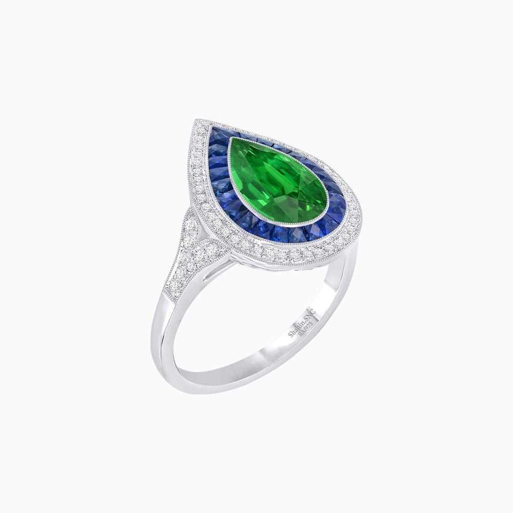 Art Deco Inspired Pear Cut Gemstone Double Halo Ring - Shahin Jewelry
