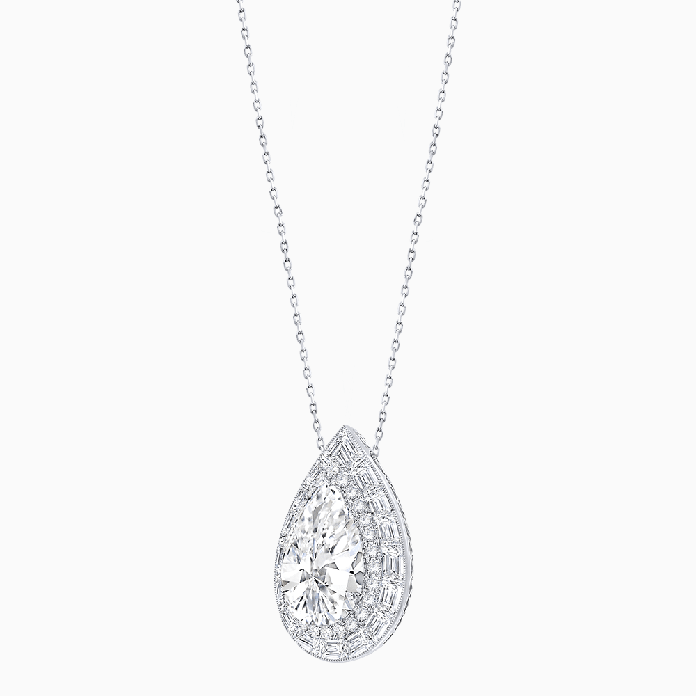 Art Deco Inspired Pear Shape Baguette-Cut Double Halo Pendant - Shahin Jewelry