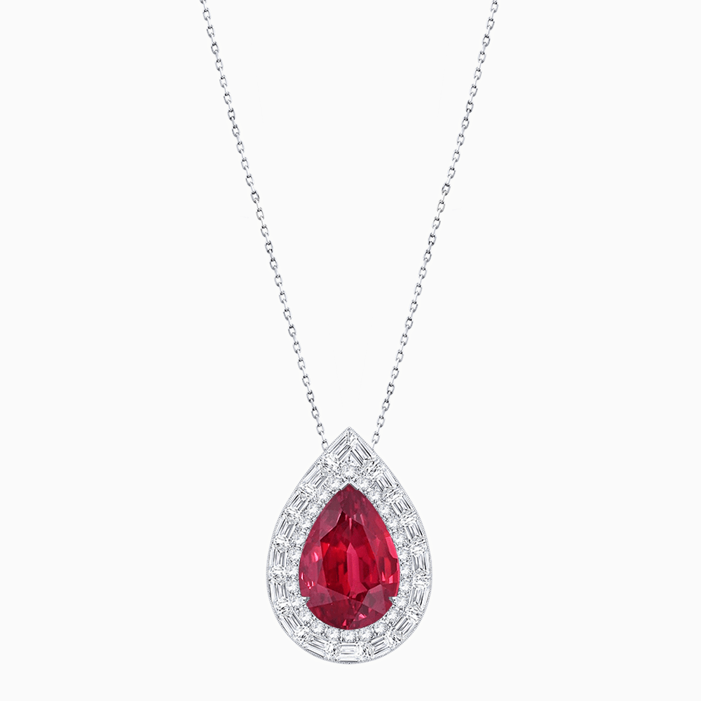 Art Deco Inspired Pear Shape Baguette-Cut Double Halo Pendant - Shahin Jewelry