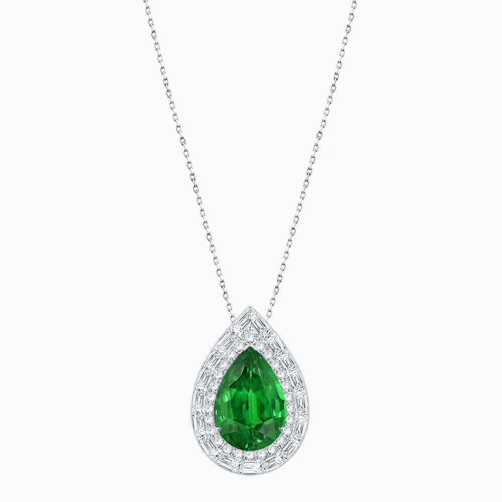 Art Deco Inspired Pear Shape Baguette-Cut Double Halo Pendant - Shahin Jewelry