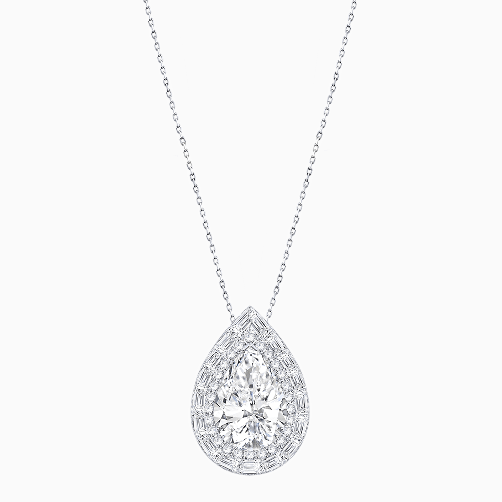 Art Deco Inspired Pear Shape Baguette-Cut Double Halo Pendant - Shahin Jewelry