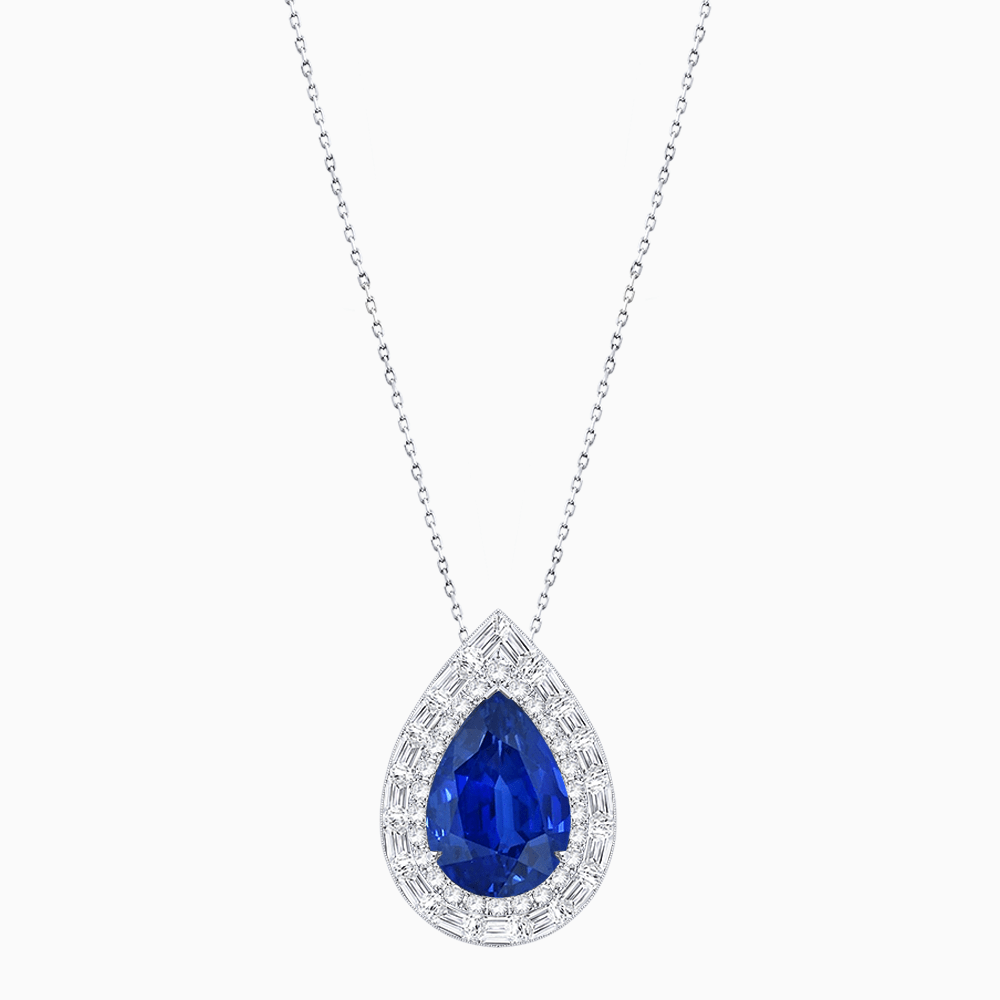 Art Deco Inspired Pear Shape Baguette-Cut Double Halo Pendant - Shahin Jewelry