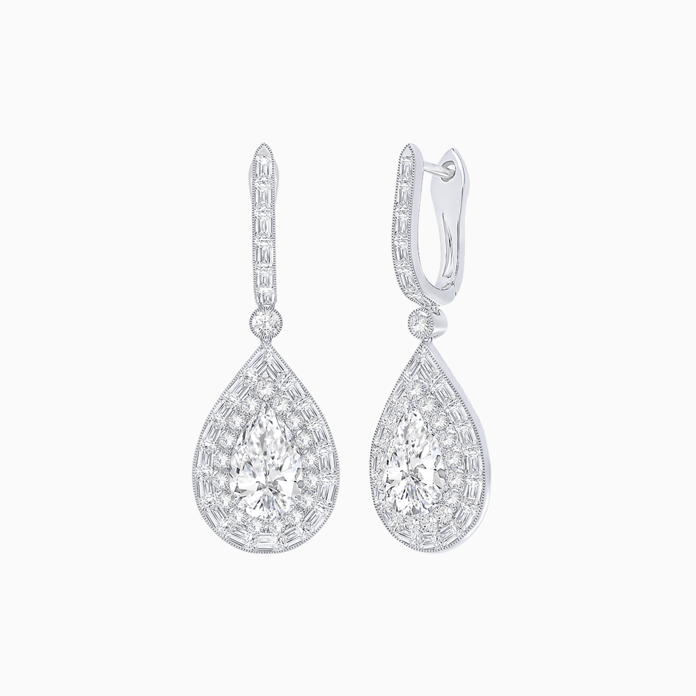 Art Deco Inspired Pear Shape Double Halo Drop Earrings - Shahin Jewelry