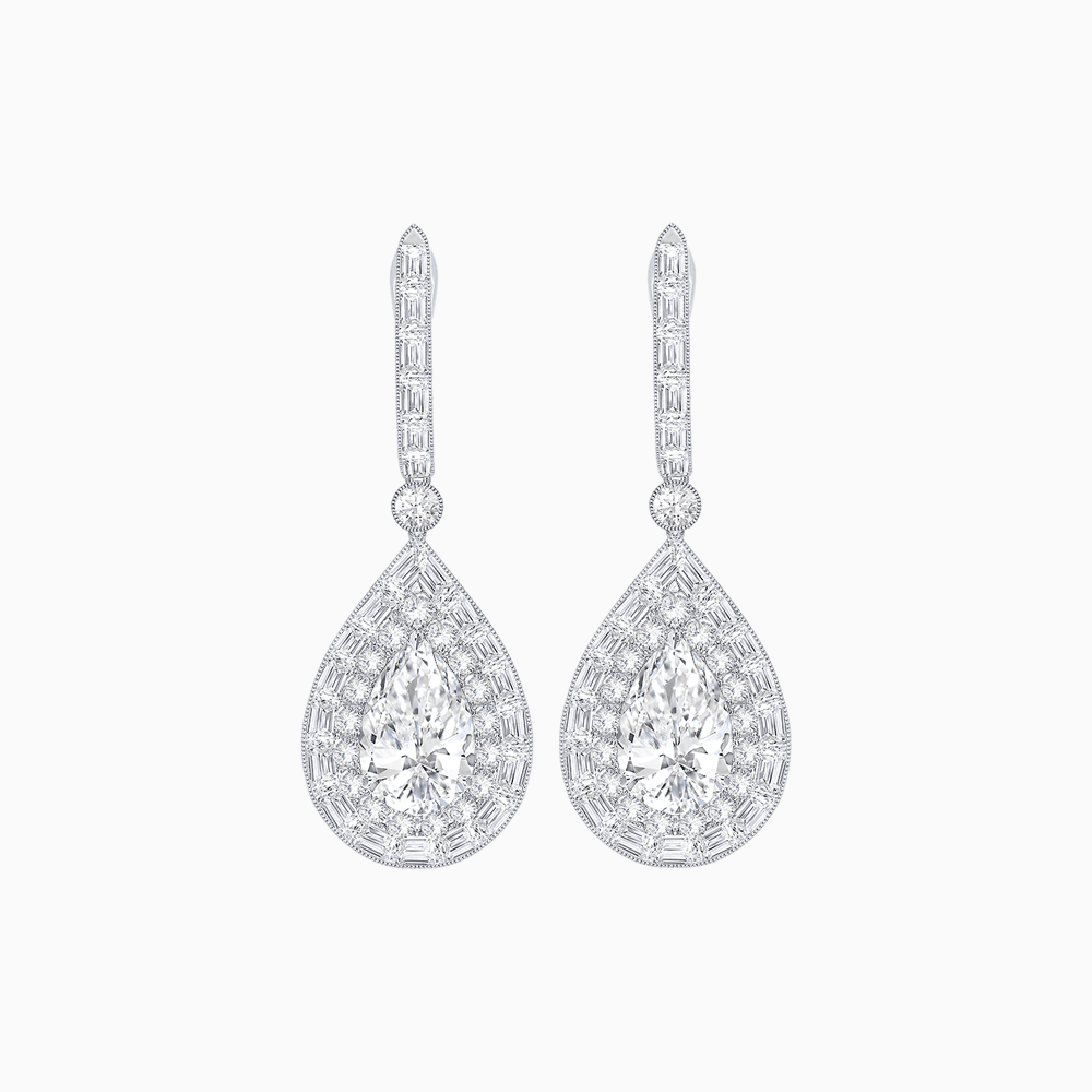 Art Deco Inspired Pear Shape Double Halo Drop Earrings - Shahin Jewelry