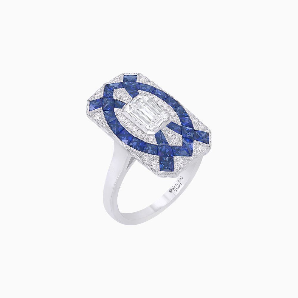 Art Deco Inspired Rectangle Cocktail Ring with Emerald Cut Diamond - Shahin Jewelry