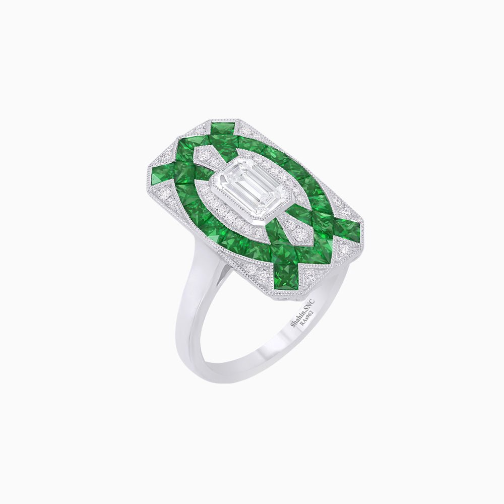 Art Deco Inspired Rectangle Cocktail Ring with Emerald Cut Diamond - Shahin Jewelry