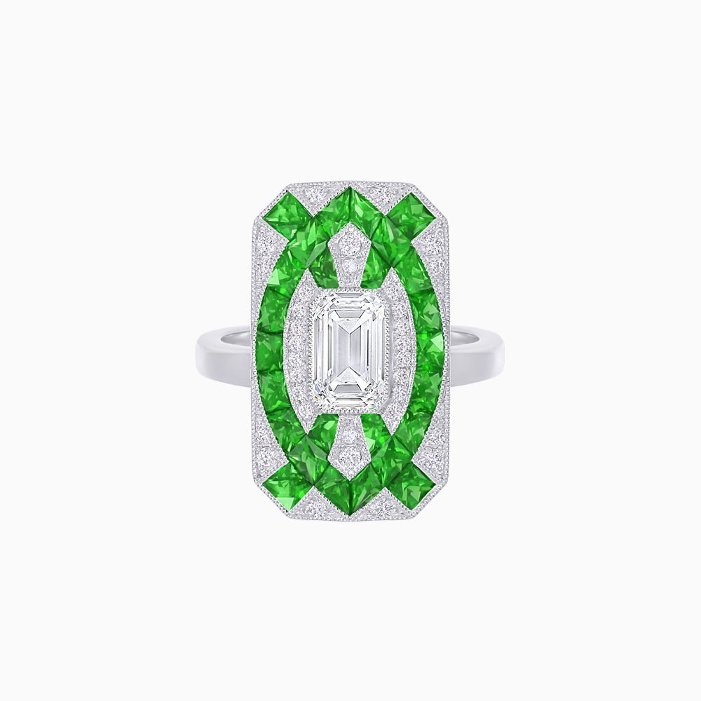 Art Deco Inspired Rectangle Cocktail Ring with Emerald Cut Diamond - Shahin Jewelry