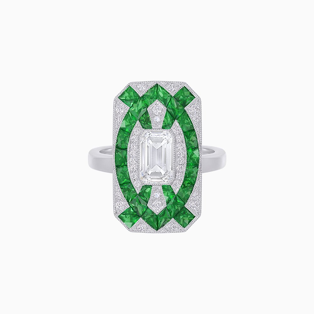 Art Deco Inspired Rectangle Cocktail Ring with Emerald Cut Diamond - Shahin Jewelry