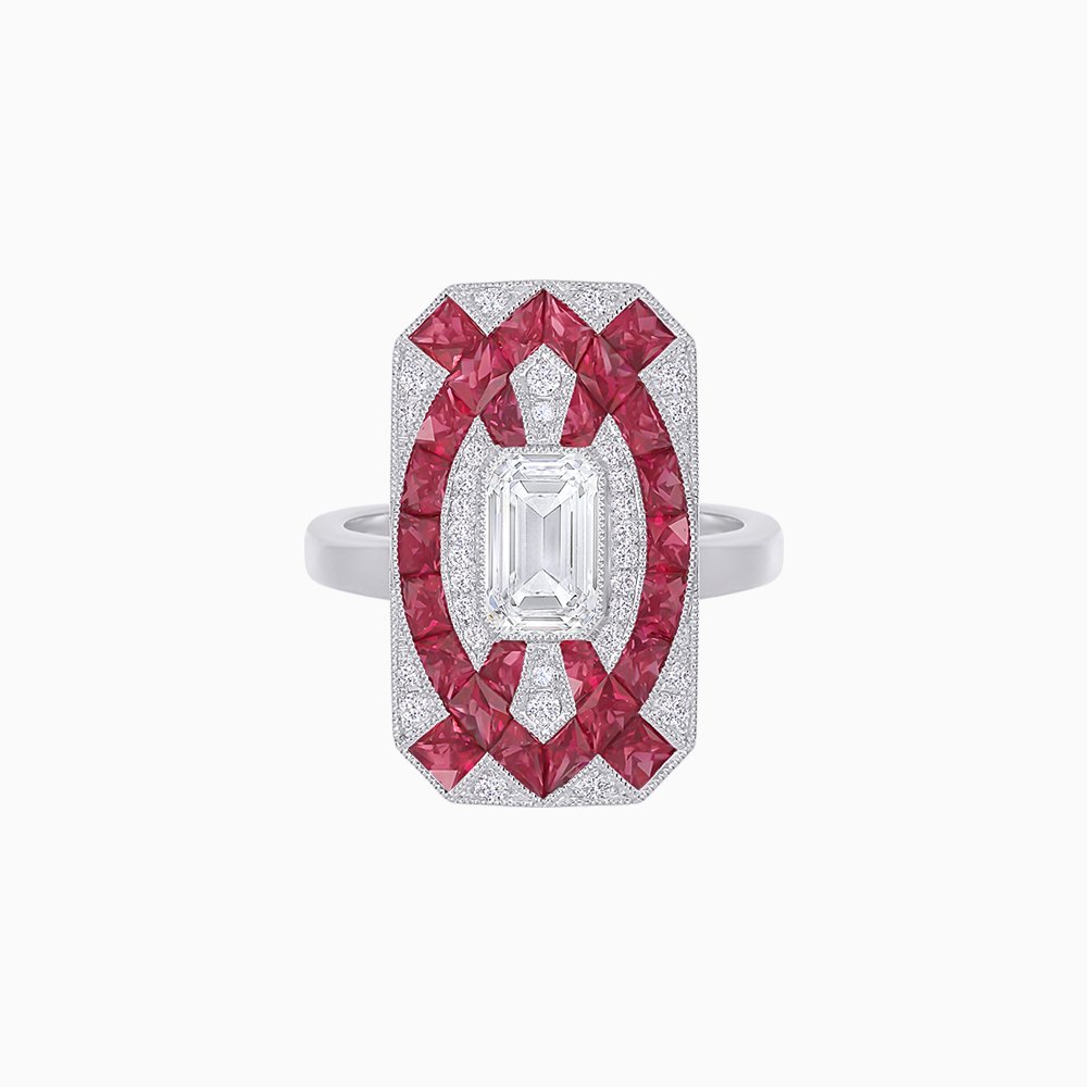 Art Deco Inspired Rectangle Cocktail Ring with Emerald Cut Diamond - Shahin Jewelry