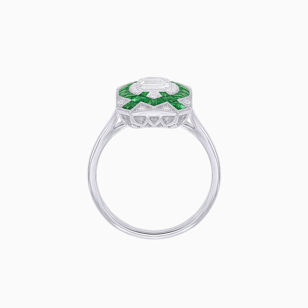 Art Deco Inspired Rectangle Cocktail Ring with Emerald Cut Diamond - Shahin Jewelry