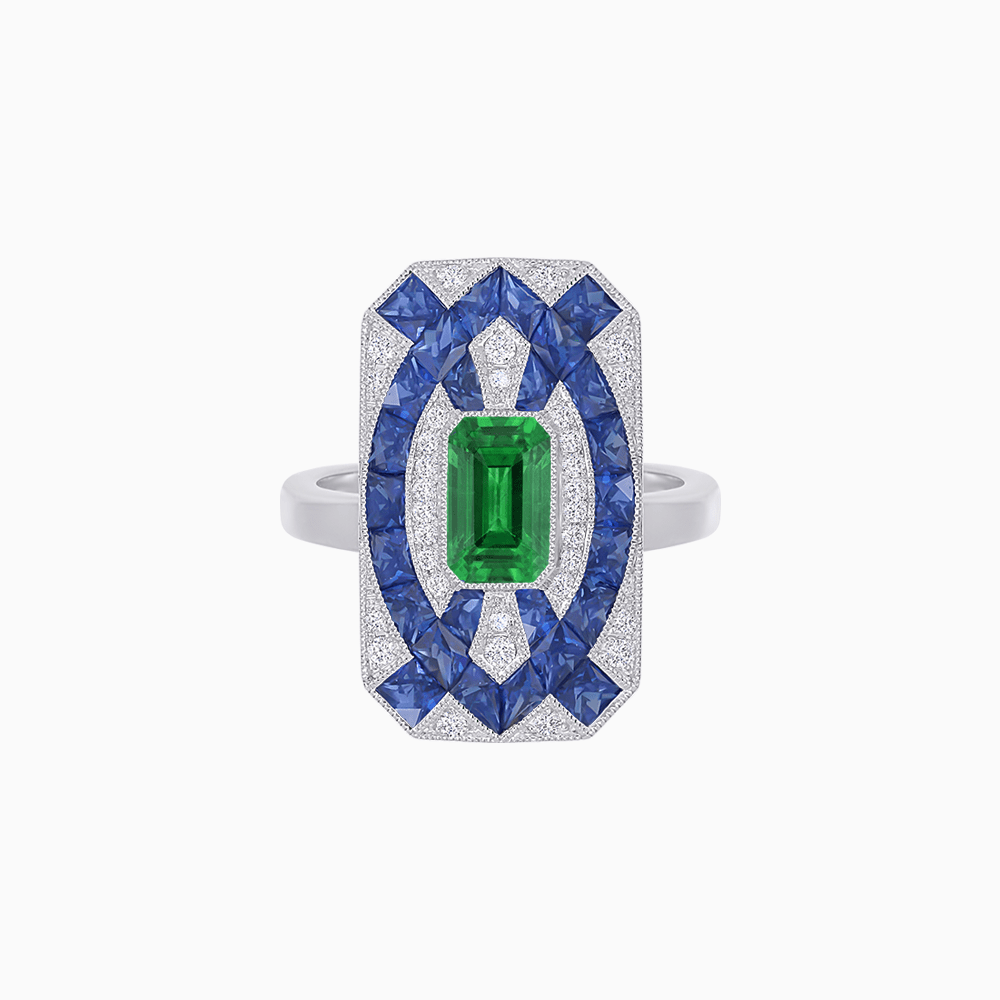 Art Deco Inspired Rectangle Cocktail Ring with Emerald Cut Gemstone - Shahin Jewelry