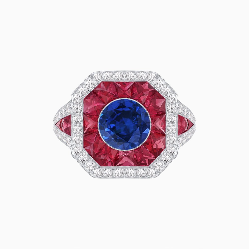 Art Deco Inspired Round Center Octagonal Calibré-Cut Halo Engagement Ring - Shahin Jewelry