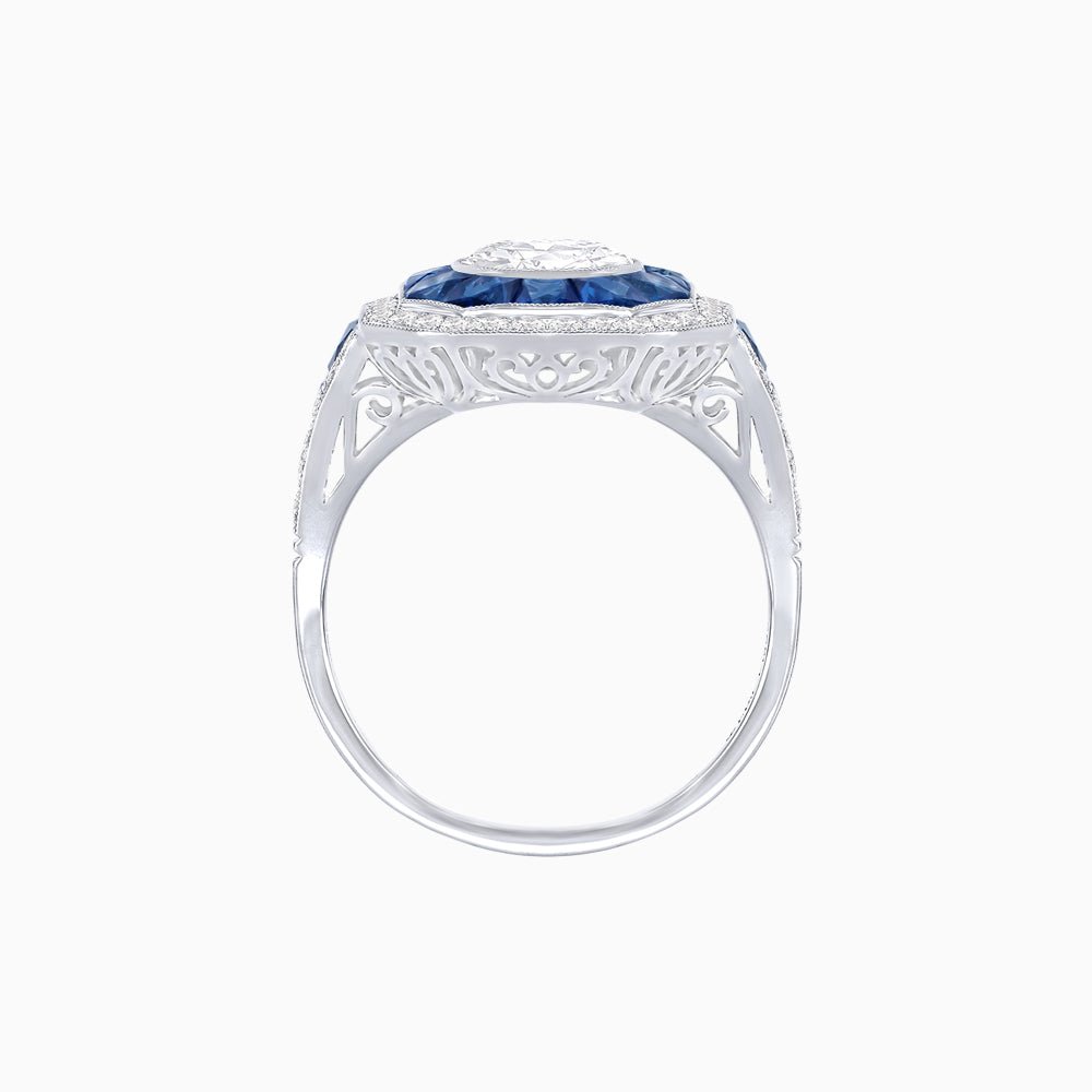 Art Deco Inspired Round Center Octagonal Calibré-Cut Halo Engagement Ring - Shahin Jewelry
