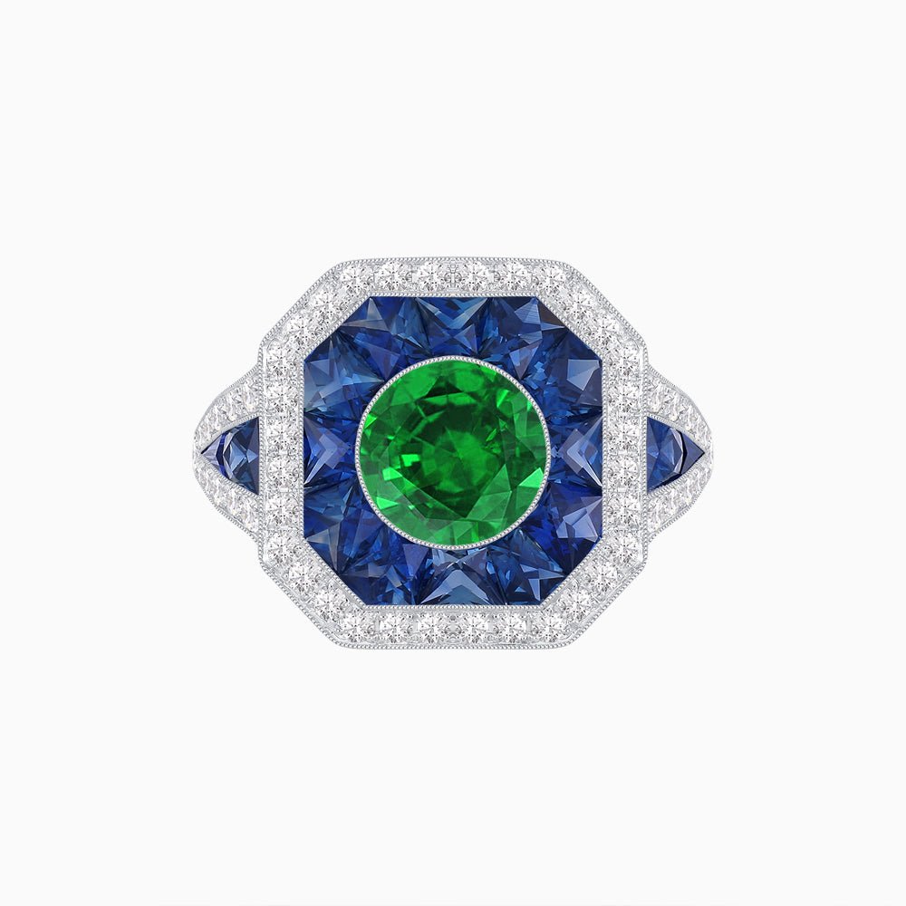 Art Deco Inspired Round Center Octagonal Calibré-Cut Halo Engagement Ring - Shahin Jewelry