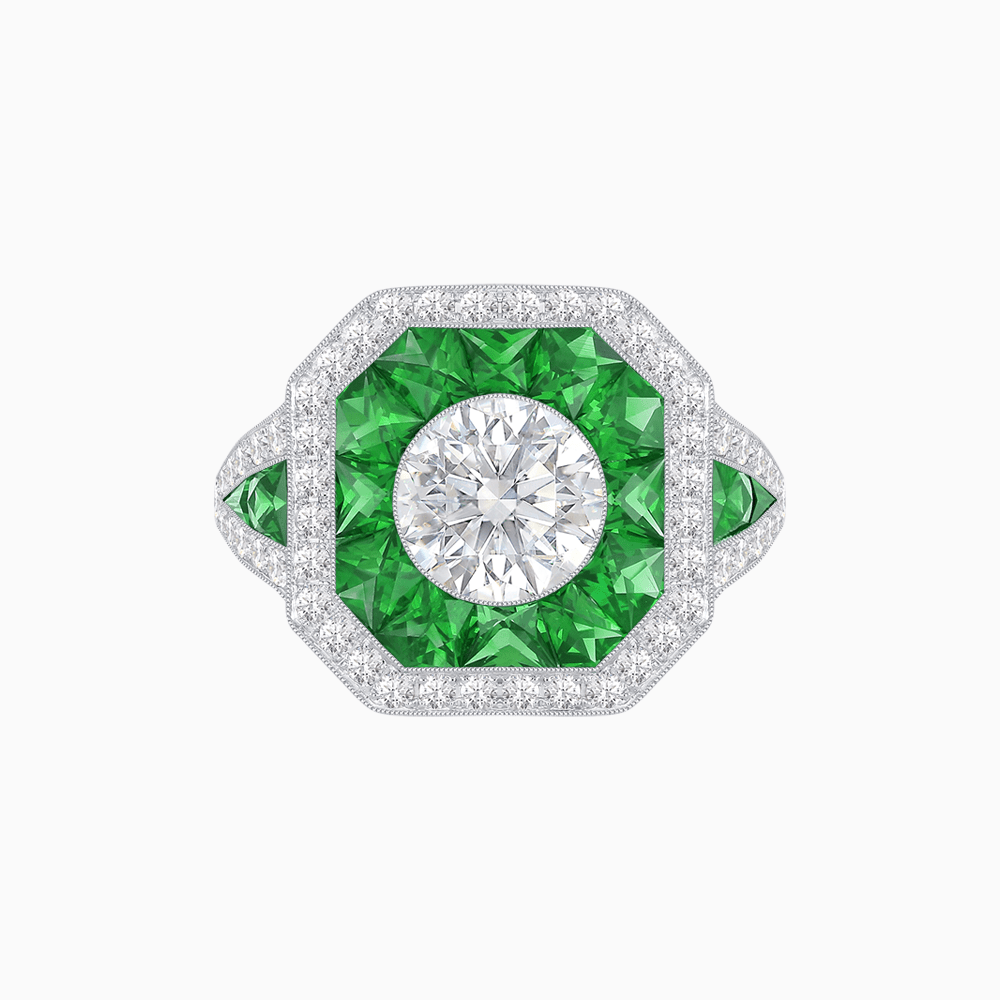Art Deco Inspired Round Center Octagonal Calibré-Cut Halo Engagement Ring - Shahin Jewelry