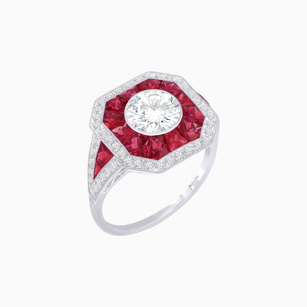 Art Deco Inspired Round Center Octagonal Calibré-Cut Halo Engagement Ring - Shahin Jewelry