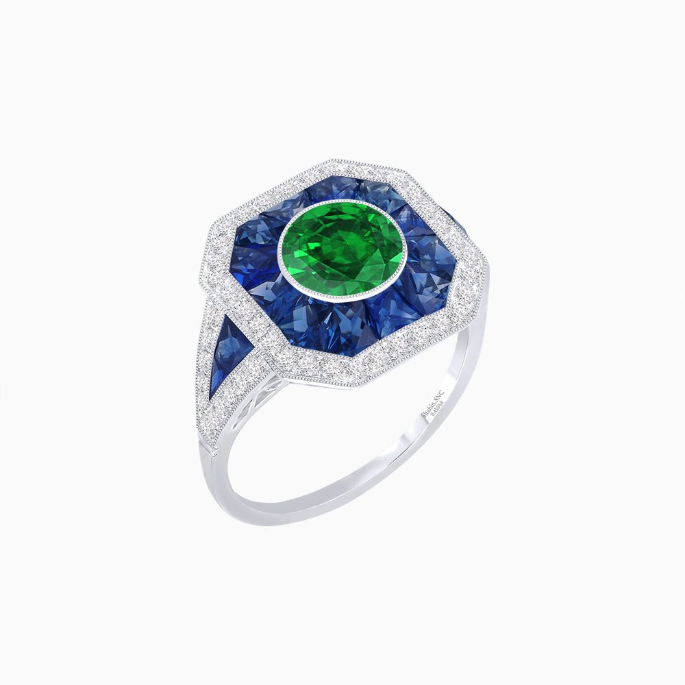 Art Deco Inspired Round Center Octagonal Calibré-Cut Halo Engagement Ring - Shahin Jewelry