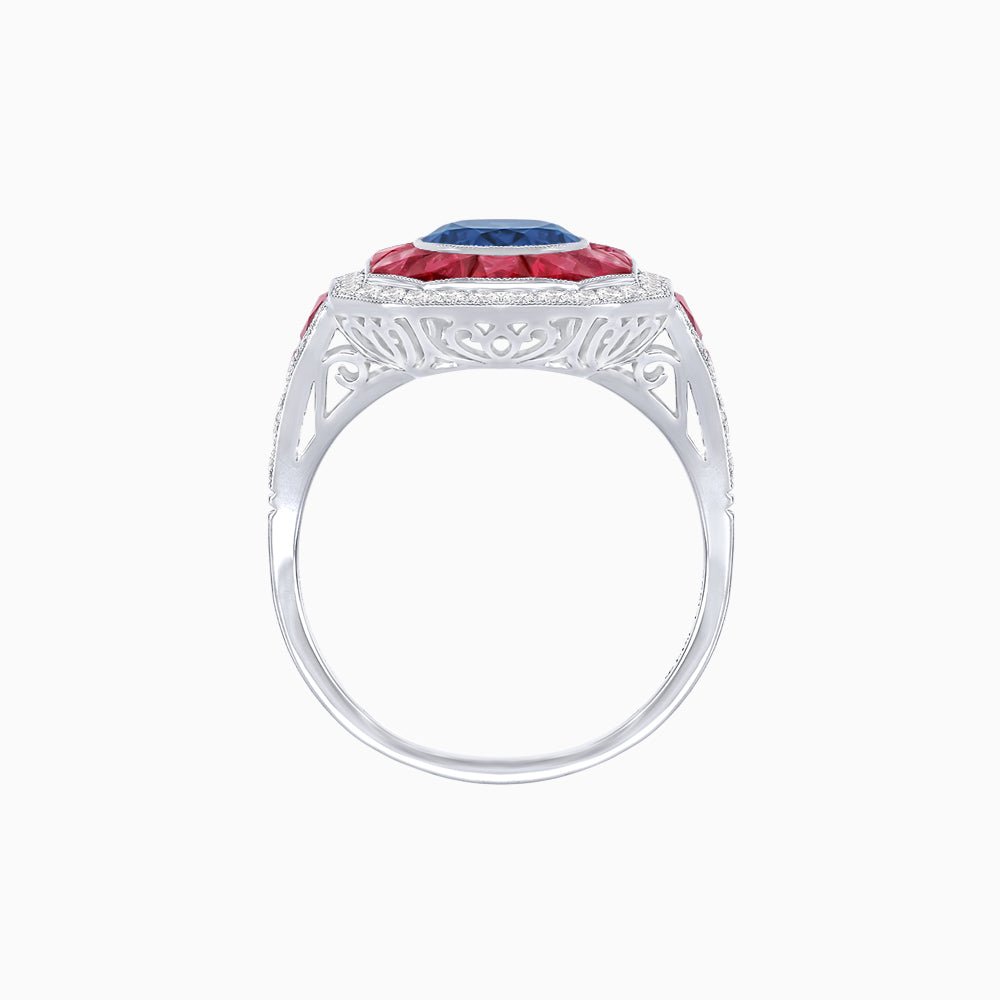 Art Deco Inspired Round Center Octagonal Calibré-Cut Halo Engagement Ring - Shahin Jewelry